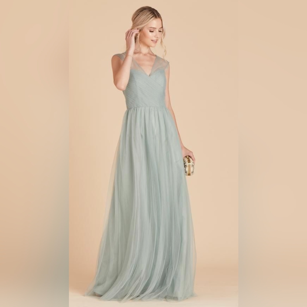 Sage V-Neck Tulle Evening Gown